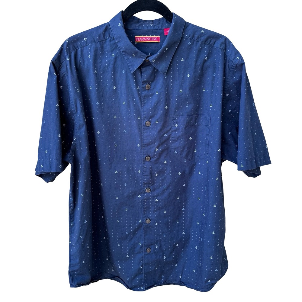 Havanera Nautical Anchor Print Coastal Sailor Preppy Cotton Shirt Navy Mens XL